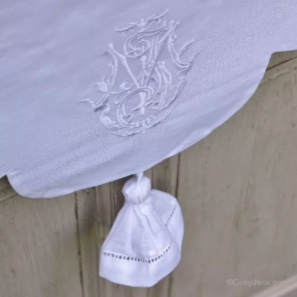 Cantonniere lin Blanc Style ancien Monogramme